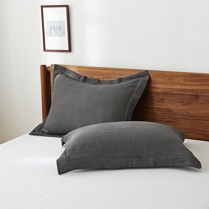 100% French Linen Pillow Shams Basic Style - Pack of 2 - Washed Solid Color Natural Flax Soft Breathable - Dark Grey, 20'' x 26''