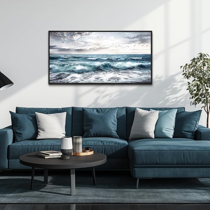 QIYILEXWART Black Framed Large Canvas Wall Art For Living Room Wall Decor For Bedroom Office Wall Decoration Ocean Waves Painting Modern Watercolou Picture Artwork Ready To Hang Home Decor