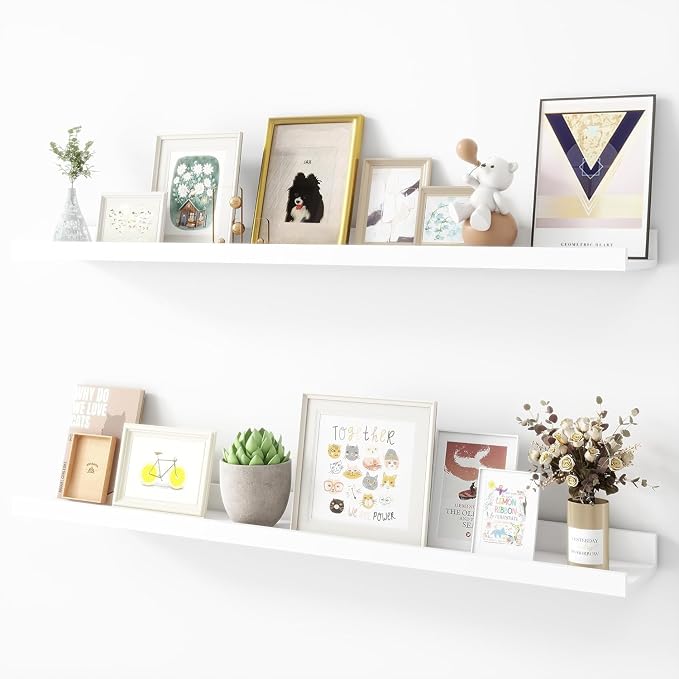 Acovy Picture Ledge Shelf, Wood Floating Shelves, 36 inch, White, Set of 2 | Photo Ledge, Wall Mounted, For Nursery Book Living Room Kids' Room Bedroom