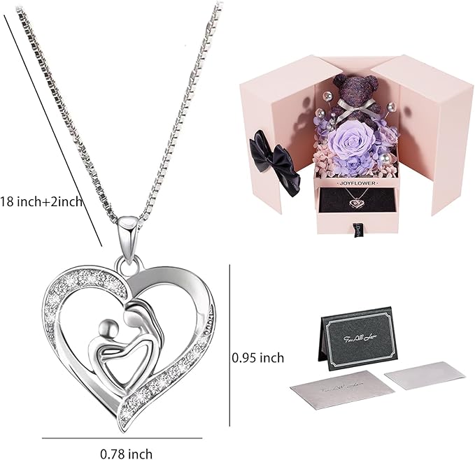 JoyFlower Preserved Flowers with Necklace Gifts for Mom, Unique Pearl Rose Eternal Flower Bear with Necklace Gift for Grandma, Preserved Real Purple Roses Birthday Mother's Day Gift for Mother Grandma