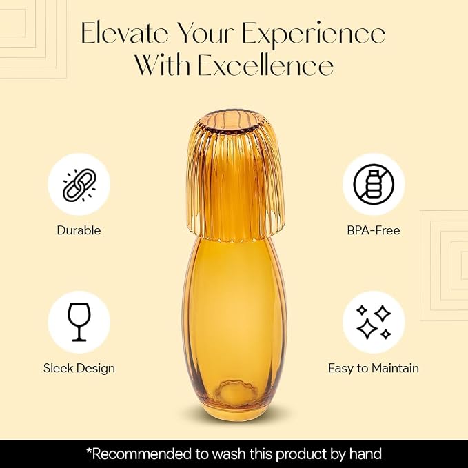 American Atelier 40 oz Bedside Water Carafe with Tumbler – 10.63" Ribbed 2-Piece Glass Set, Pitcher with Cup Lid for Nightstand, Guest Room, Office, Durable & Elegant Drinkware (Amber) (Pack of 2)