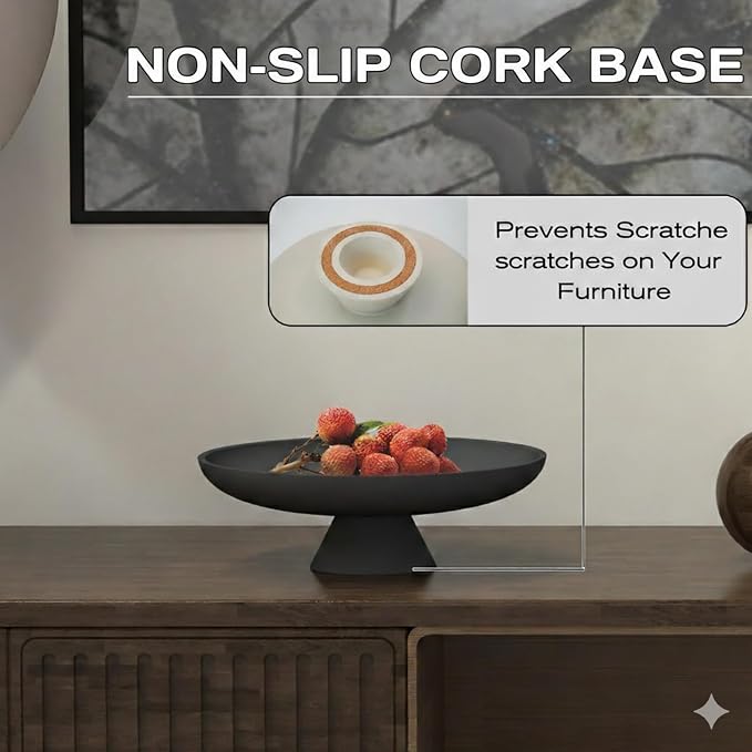 12 Inch Concrete Pedestal Catch All Fruit Key Decorative Bowl Black | Heavy duty concrete pedestal fruit key bowl with cork base, decor for kitchen counter, entryway & coffee table storage