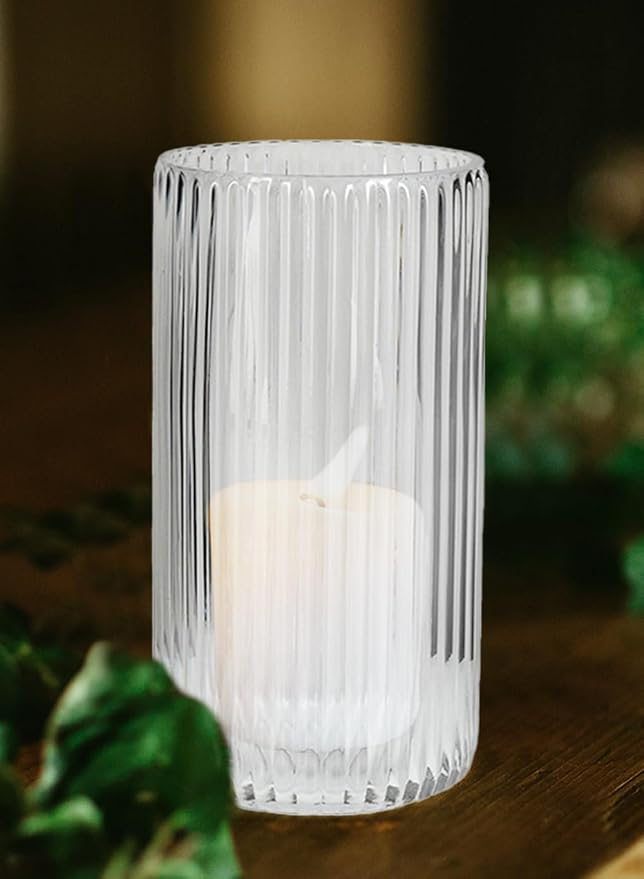 Serene Spaces Living Clear Pleated Glass Votive Holder, Decorative Centerpiece for Wedding, Christmas, Thanksgiving, Party, Dining Table, Living Room, Home Décor, Measures 8" Tall