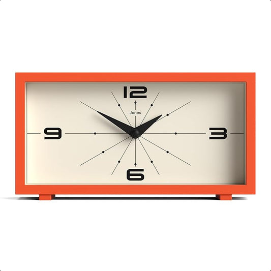 JONES CLOCKS® Odeon Desk Clock | Modern Rectangular Design | Orange | Stylish Retro Look for Shelf, Table, Mantel or Bedside
