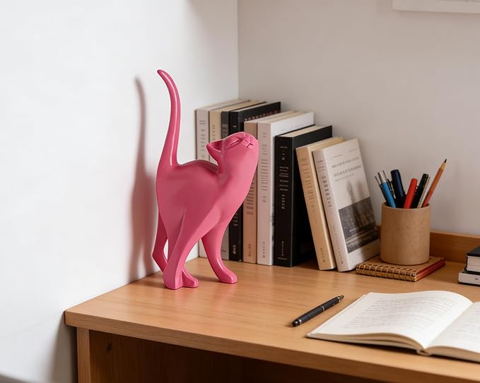 Hot Pink Cat Statue Modern Abstract, Home Office Shelf Decor, 7-Inch Vibrant Assorted Colors, Easy to Match Any Decor Style