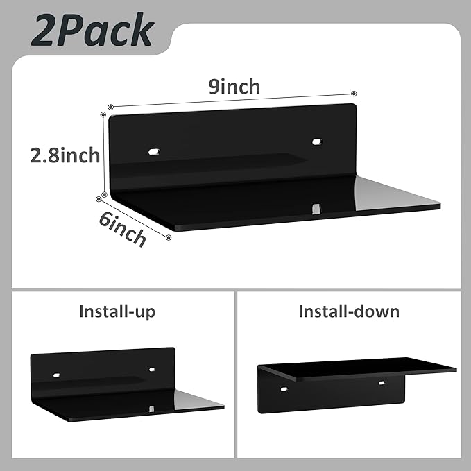 Sezanrpt 9 Inches Acrylic Wall Shelves 2 Pack, Floating Shelf for Wall Mounting, Acrylic Display Ledges for Funko Pop Figures, Home Décor, Living Room, Gaming Room, Plants(9 inch, Black)