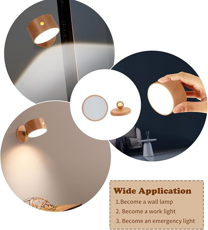 LANDGOO Wood Wall Sconce, Sapele Wood Magnetic 360° Rotatable Cordless Bedside Lamp Set, Rechargeable & Dimmable LED Lights with Touch Control, Wireless Wall Mount for Bedroom