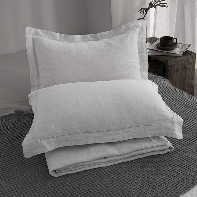 Simple&Opulence 100% Linen Duvet Cover Set with Embroidery Border Washed - 3 Pieces (1 Duvet Cover with 2 Pillow Shams) with Button Closure Soft Breathable Farmhouse - Light Grey, Queen Size