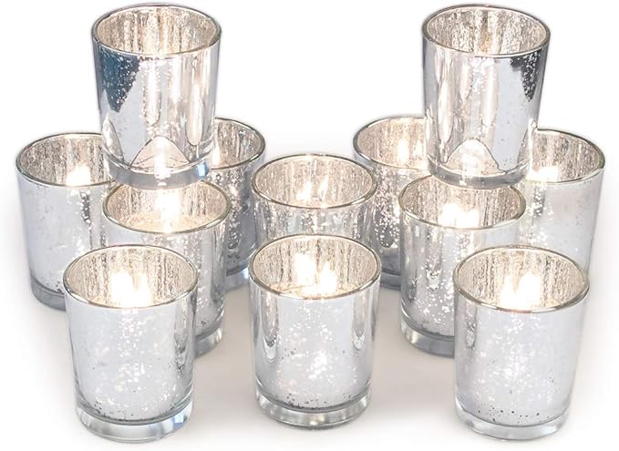 Volens Silver Votive Candle Holders, Mercury Glass Tealight Candle Holder Set of 12 for Wedding Decor and Home Decor