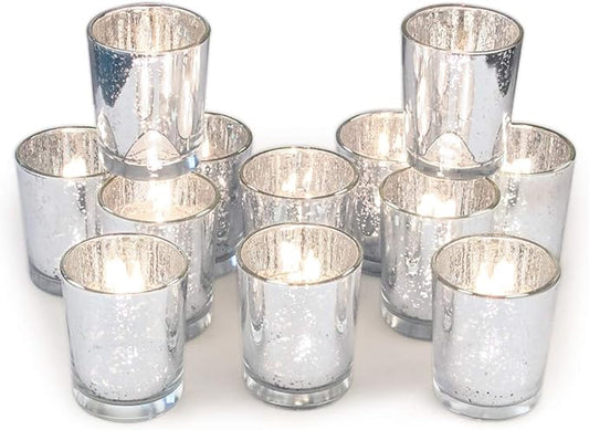 Volens Silver Votive Candle Holders, Mercury Glass Tealight Candle Holder Set of 12 for Wedding Decor and Home Decor