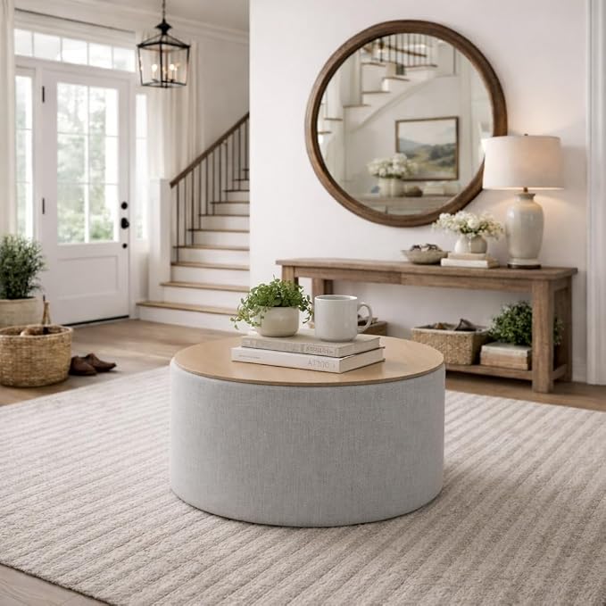 HomePop Storage Ottoman with Wood Grain Top - Light Gray Textured Woven