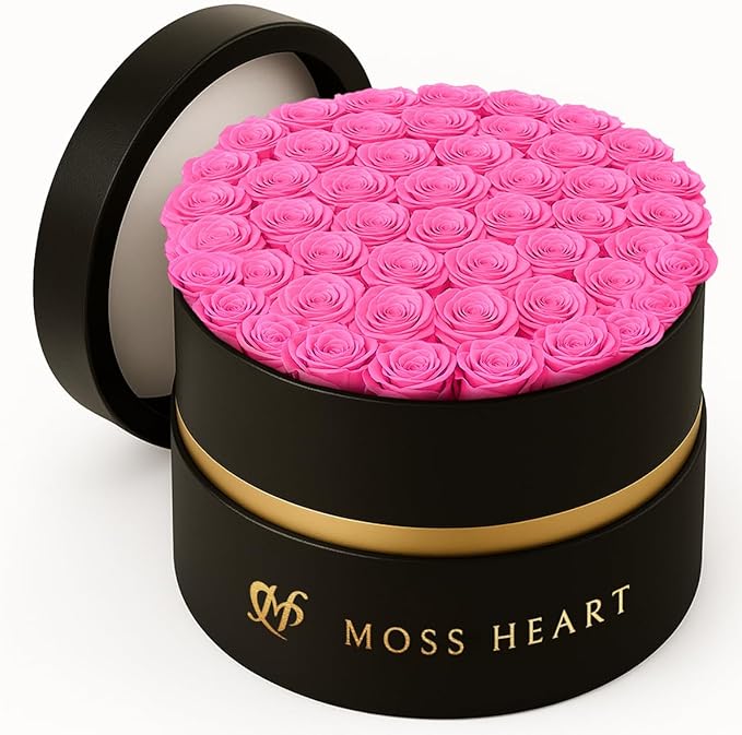 50 Petite Preserved Roses, Designer Round Box, Real Forever Roses Last 1+ Year, Premium Gift for Women, Wife, Girlfriend, Mother’s Day, Birthday, Anniversary, Valentine’s Day