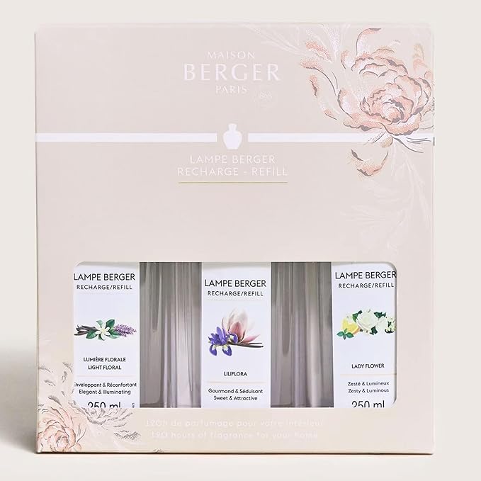 MAISON BERGER – Lampe Berger Fragrance Trio Refill for Home Fragrance Oil Diffuser – Odor-Neutralizing Home Fragrance Oil – 3 x 8.45 fl oz / 250 mL – Made in France (Trio Ophelia)