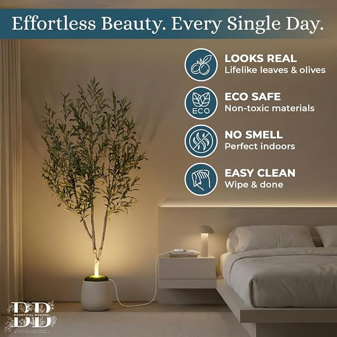 6ft Lifelike Artificial Olive Tree with Light, White Pot, Moss & LED | 943 Vein-Detailed Leaves · 52 Olives · 4ft Wired USB LED with Switch · Moss Included · Shapeable Branches · Zero Maintenance