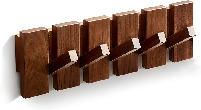 Wood Coat Rack Wall Mount - Large Walnut Piano Coat Rack wtih 5 Hooks for Hanging Clothes,Keys,Robes,Purse,Towels,Modern Decorative Wall hooks Heavy Duty Hanger Organizer for Bathroom/Bedroom/Entryway