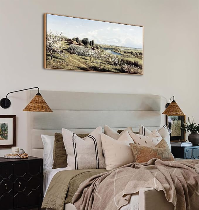 DJSYLIFE Farmhouse Apple Blossoms Landscape Framed Wall Art for Living Room | 20x40 Inch Vintage Canvas Print, Solid Wood Inner & Outer Frame, Ready to Hang, Rustic Country Decor for Bedroom & Dining