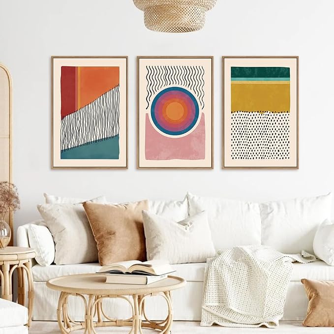 HPINUB Boho Framed Canvas Prints Wall Art Set, Mid-Century Abstract Color Block Shape Wall Decor, Geometric Illustrations Art Photos for Living Room, Bedroom, Dining Room, Office, Bathroom-24 x36 x3