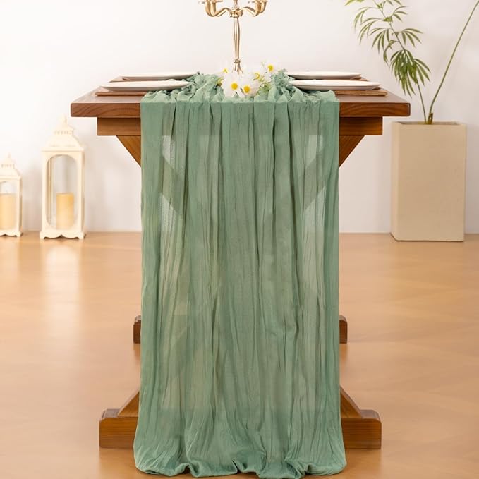 Socomi Sage Green Cheesecloth Table Runner Easter Spring Boho Rustic Farmhouse Gauze 120 inch 10FT Cheese Cloth Runner for Wedding Party Baby Shower Birthday Home Decor Holiday Decorations