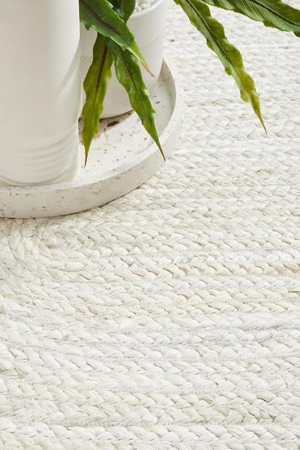 100% Jute Area Rug 5 Feet- Braided Design Hand Woven Off-White Natural Fibers Carpet - Home Decor for Living Room Hallways (5' Round, Off-White)