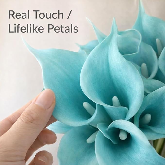 Floral Kingdom Artificial Calla Lily Flowers 20 Pack 14 Inch Turquoise Blue – Real Touch Faux Flowers for Home Decor, Table Centerpieces, Coastal Décor & Weddings