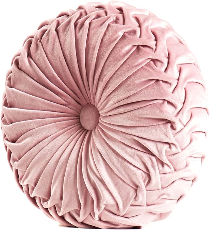 MOJUN Velvet Throw Pillow - Round, Pleated, Filled - Home Decorative Pillow for Couch, Chair, Bed, Car, Floor (Pink, 14inch)