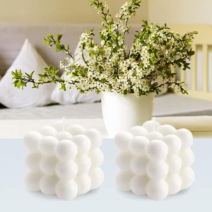 2PCS White Bubble Candles - Strong Scented Soy Wax Bubble Cube White Candle, Aesthetic Decorative Candles for Bookshelf, Bedroom Table & Bathroom Floating Shelf, Decor & Gifting