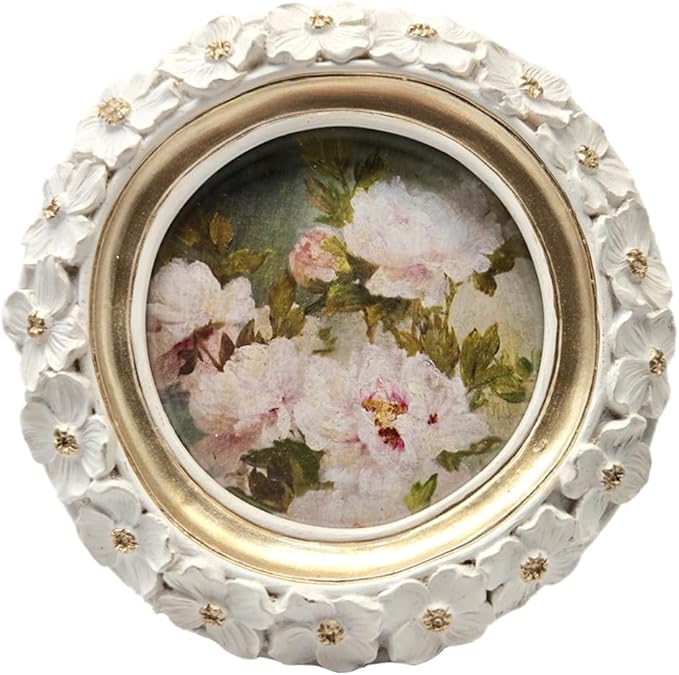 SYLVIA'S SHOP 3x3 Small Vintage Round Picture Frame, Mini Antique White Ornate Circle Photo Frame, for Tabletop and Wall Display, Decorative Floral Design Retro Home Decor, Photo Gallery Art