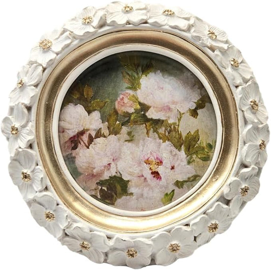 SYLVIA'S SHOP 3x3 Small Vintage Round Picture Frame, Mini Antique White Ornate Circle Photo Frame, for Tabletop and Wall Display, Decorative Floral Design Retro Home Decor, Photo Gallery Art