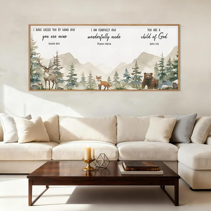 HPNIUB Woodland Animal Christian Framed Wall Art Set,Bible Verse Quote Wall Decor,Nature Forest Religious Art Print,Misty Forest Deer Bear Fox Artwork for Nursery,Kids Bedroom,Study Room-20"x40"