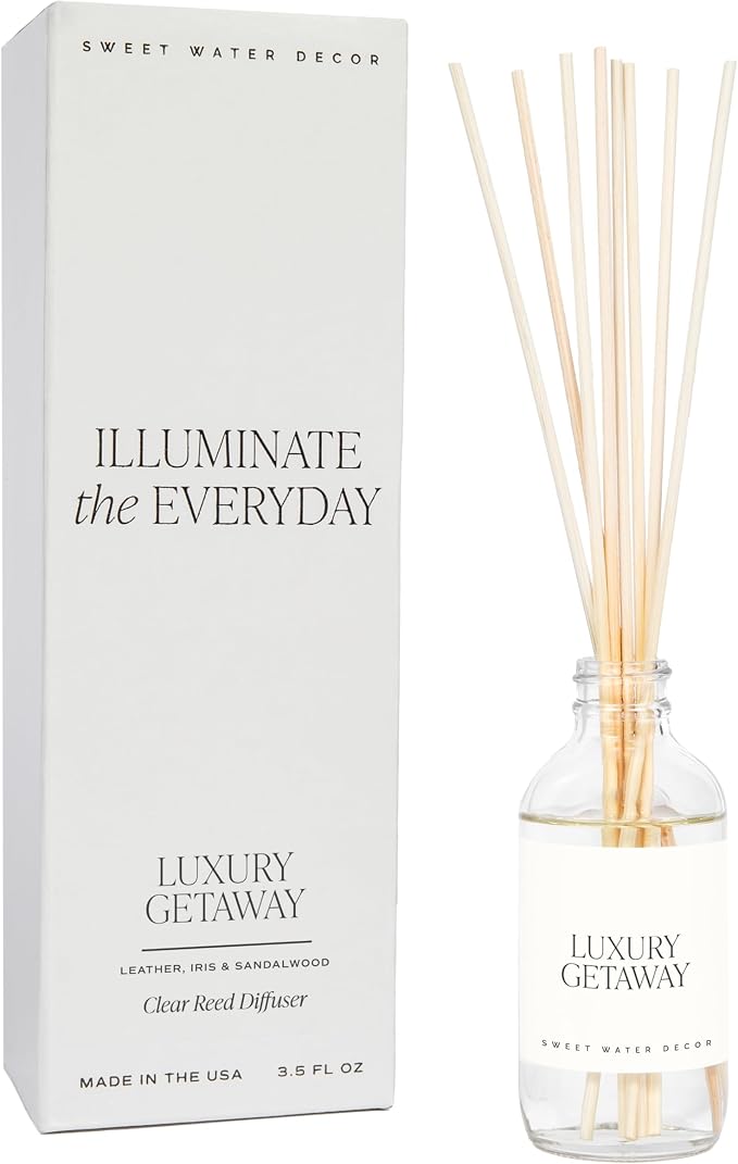 Sweet Water Decor Luxury Getaway Reed Diffuser Set - Room Diffuser with Leather, Amber & Musk Scent - Reed Diffuser for Bathroom Lasts for 4 Months - Home Diffuser with Premium Fragrance Oils