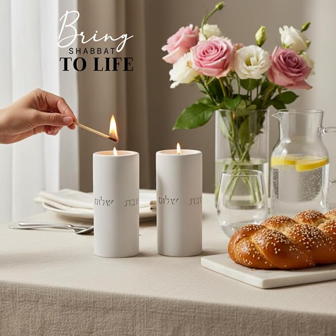SURI Shabbat Candle Holders Set – Modern Judaica Gift and Jewish Holidays – Concrete Dripless Candle Holders, Short & Tall – Minimalist Jewish Home Decor Shabbos Candles Holders for Tea Lights