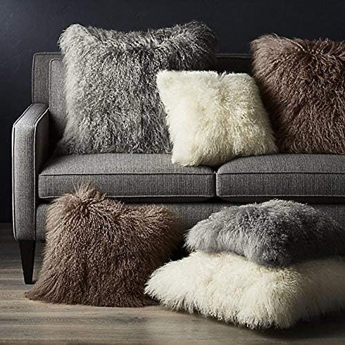 MOOX Mongolian Lamb Fur Pillow Covers Lumbar Throw Sheepskin Pillow Case Genuine Wool Fur Tibetan Accent Living Room Bedroom Decorative Cushion Cover (18 * 18inch Brown)