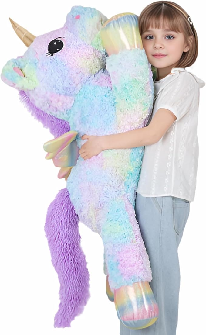 FFxiong 44 Inch Giant Rose Rainbow Unicorn Stuffed Animal Plush Toy with Wings Soft Cute Large Unicorn Plushies Animals Body Pillow Gift for Children Boy Girl Kids Birthday Valentine Room Decorations