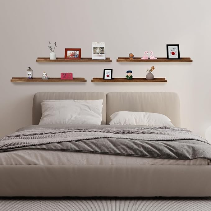 PHOENANCEE Long Floating Shelves 36 Inches Set of 4,Wood Picture Shelf for Wall with Ledge,Photo Frames Display Rustic for Living Room Bedroom Kids Nursery,Home Decor(Carbonized Black,36")