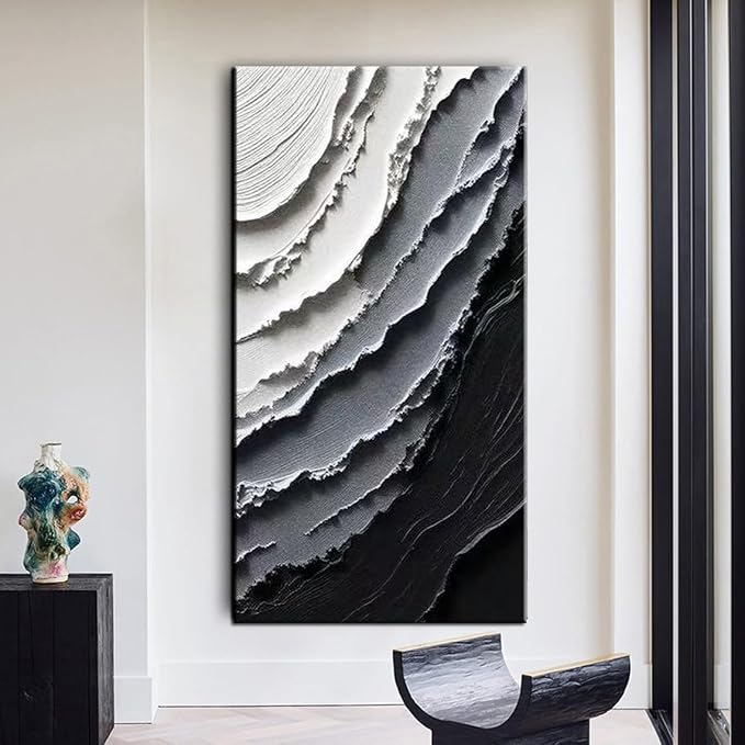 YaSheng Art -Canvas Wall Art Handmade Art Modern Abstract Wall Art, Black and White Gradient Canvas Paintings, Large Vertical Wall Art for Living Room Bedroom Office Wall Decor , 60x30inch Ready to Hang