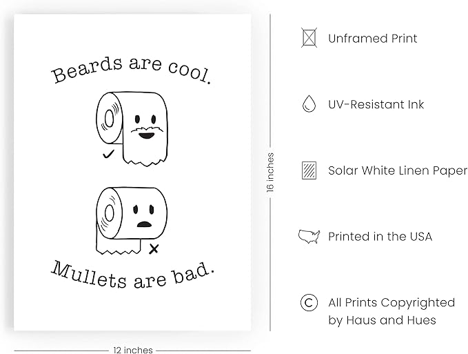 HAUS AND HUES Funny Bathroom Decor – Beard and Mullet Wall Art, Humorous Bathroom Sign, Fun Wall Print for Restroom, Guest Bath, or Home Decor (12x16, Unframed)
