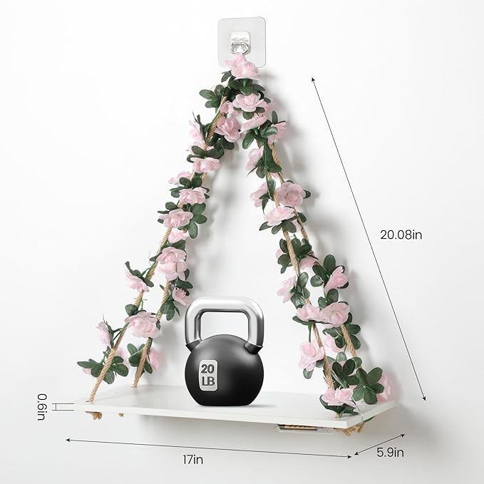 EXIN DECHEN Floating Shelves for Wall No Drilling,Wall Shelves,Hanging Shelf,Leaves and Light Strip with Flower,Set of 2 Plant Decor for Home Livingroom Bedroom,Led Room Decor Aesthetic,Gift
