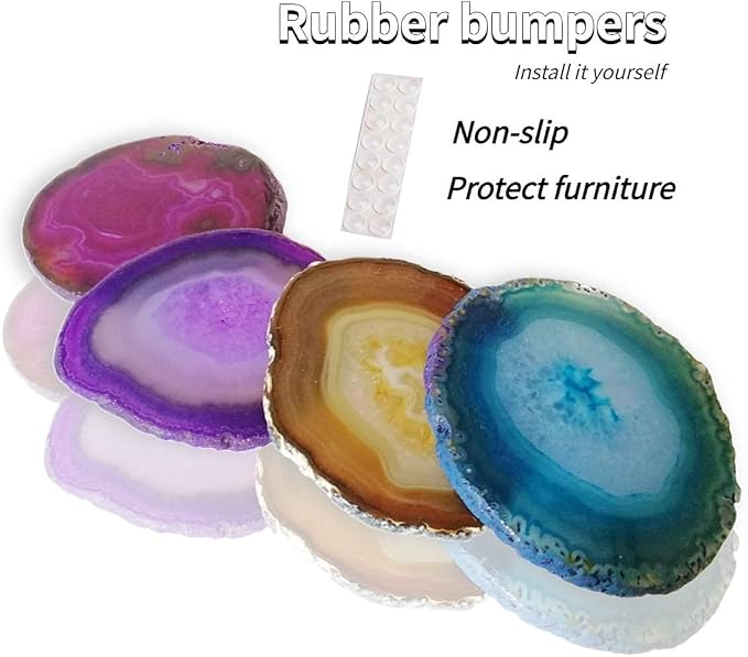Agate Coaster for Drinks Mixed Color Crystal Coasters Set of 4 with Rubber Bumpers 3-4" for Coffee Wine or Bar Glasses