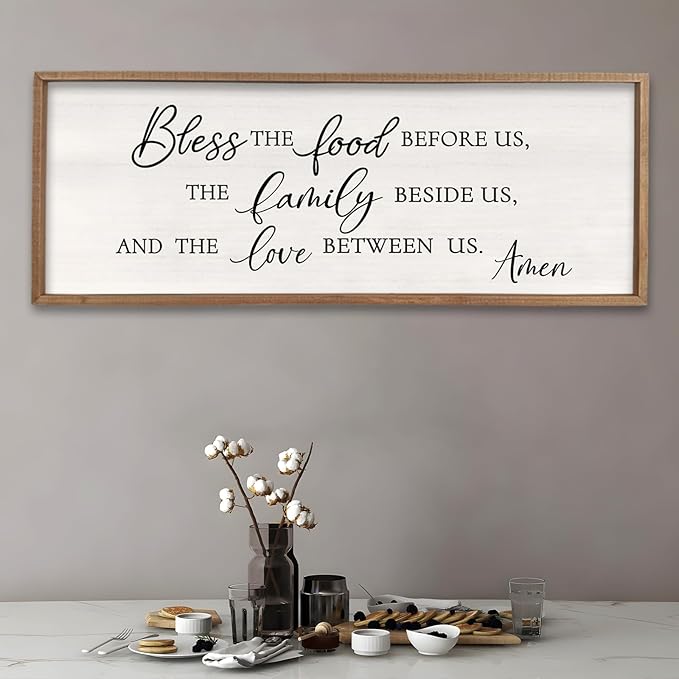 Surfapans Bless the Food Before Us Wall Decor, 40"X15" Farmhouse Dining Room Family Kitchen Sign, Christian Bible Verse Scripture Vintage Home Framed Wood Wall Art(Wood White)