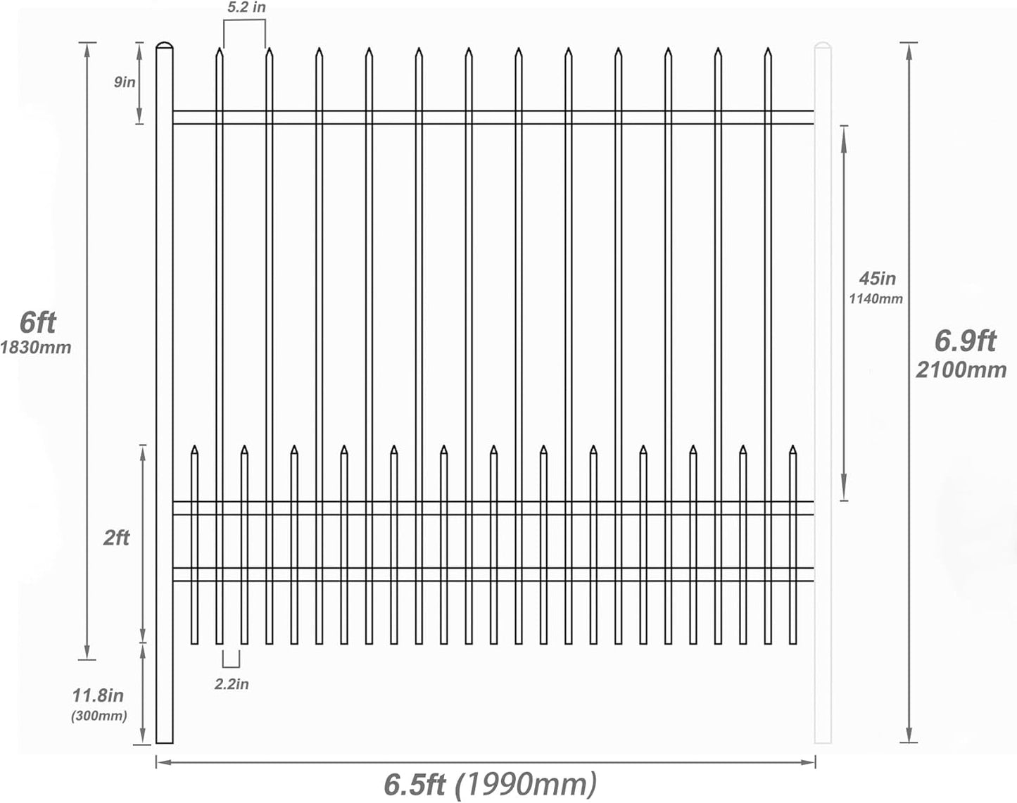 Metal Fence Panels with Dog Pickets, 6ft H x 6.5ft W Galvanized Steel Fence DIY Installation for Outdoor Garden Fence incl. 1 Fence Post, Wrought Iron Style Steel Fence, Black (Upgraded)