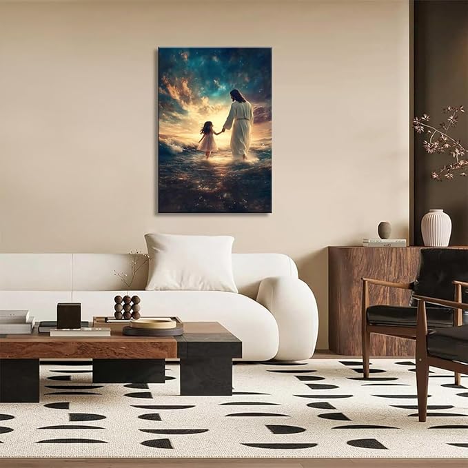 Eysintum Framed Jesus Wall Art, Jesus with Girl Canvas Print, Christian Faith Inspirational Decor for Kids Room Nursery Living Room 12x16in Ready to Hang