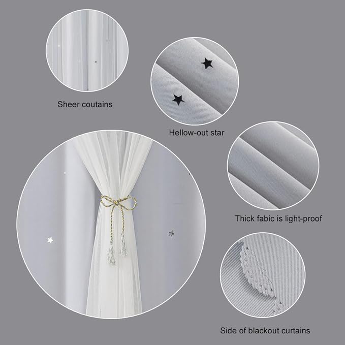 FANLI Ombre Rainbow Blackout Curtains for Kid Girls Bedroom Living Room Darking Stripe Double Layer Star Cut Out Wall Home Decor Gradient Grommet Window Curtains (Greywish White 72)