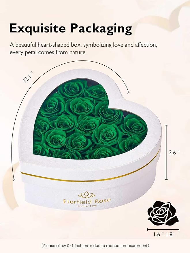 Eterfield 16 Forever Flowers in Heart Shape Box, Preserved Roses That Last a Year Preserved Flowers Birthday Gifts for Her Mom Women Wife Anniversary Valentines Day Mothers Day Christmas, Green