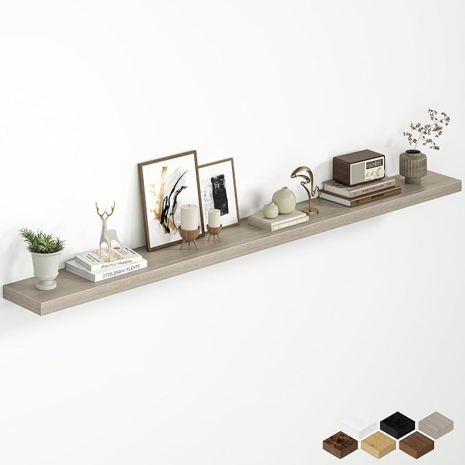 Fun Memories 72 Inch Floating Shelves for Wall, 8 Inch Deep Wall Mounted Wood Shelves with Invisible Brackets for Bathroom, Bedroom & Kitchen Storage Decor, Grey, 1 Pack