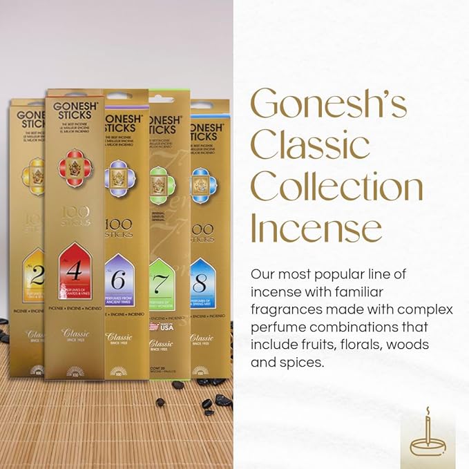 Gonesh - Classic Incense Sticks Variety Pack - Non-Toxic 10” Slow Burn Aromatic Sticks - No. 2, 4, 6, 7 and 8-5 Packs of 20