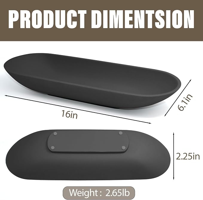 Long Decorative Bowl for Centerpiece, Dough Bowl for home decor 16" Black | Minimalist Design Dough Bowl Decor for Coffee Table and Dining Table Centerpiece. Clutter Organizer with Anti-Slip Base