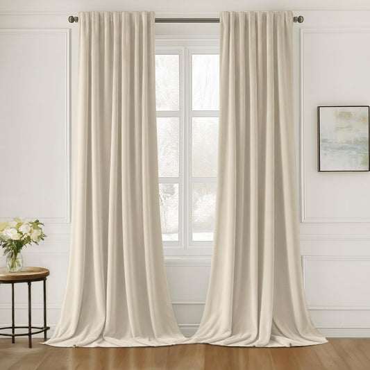 MIULEE Cream Beige Velvet Curtains 90 inches Long 2 Panels - Luxury Pinch Pleated Room Darkening Window Drapes for Bedroom Living Room Thermal Insulated Super Soft, Back Tab Rod Pocket Elegant Decor