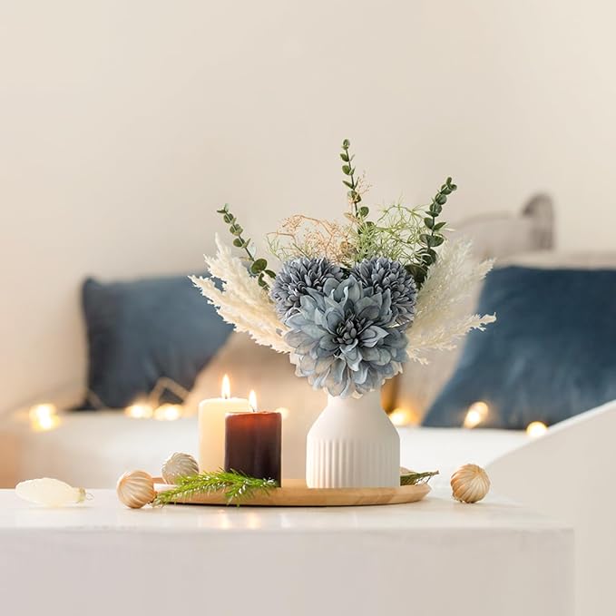 Mkono Small Artificial Flowers in Ceramic Vase 12.5" Centerpieces Coffee Table Decor, Silk Flower Arrangements for Home Decor Indoor Fake Flower Bouquet for Bathroom Dining Room Kitchen Wedding Blue