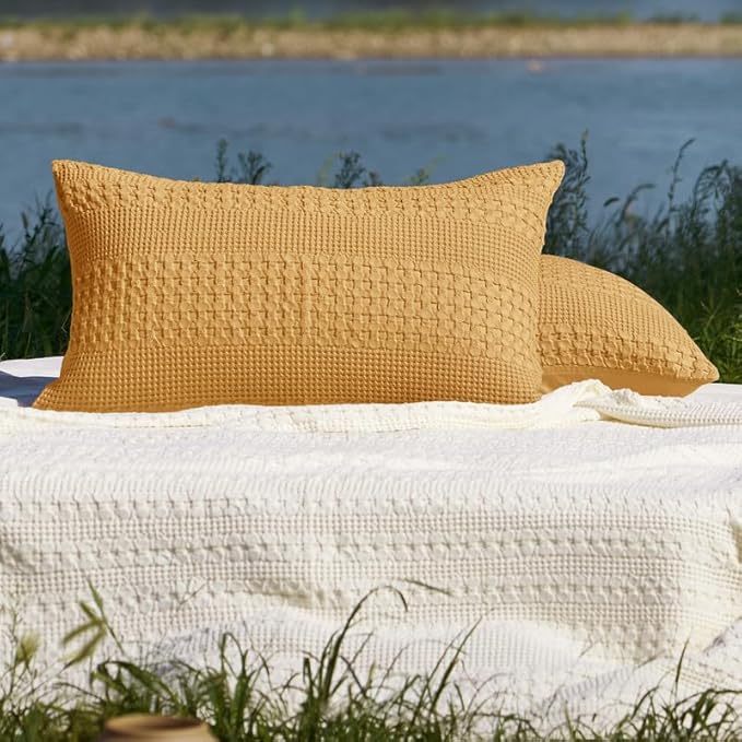 PHF 100% Cotton Waffle Pillow Shams Queen Size, 2 Pack 20" x 30" Soft Skin-Friendly Pillowcases, No Filling, Aesthetic Woven and Breathable Waffle Weave Pillow Case Covers for Bed, Pumpkin Orange
