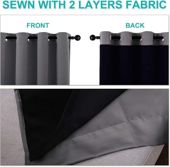 NICETOWN Grey 100% Blackout Curtains 2 Panels with Black Liners, Thermal Insulated Full Blackout 2-Layer Lined Drapes, Noise Cancellation Window Draperies for Dining Room (42-inch W by 54-inch L)
